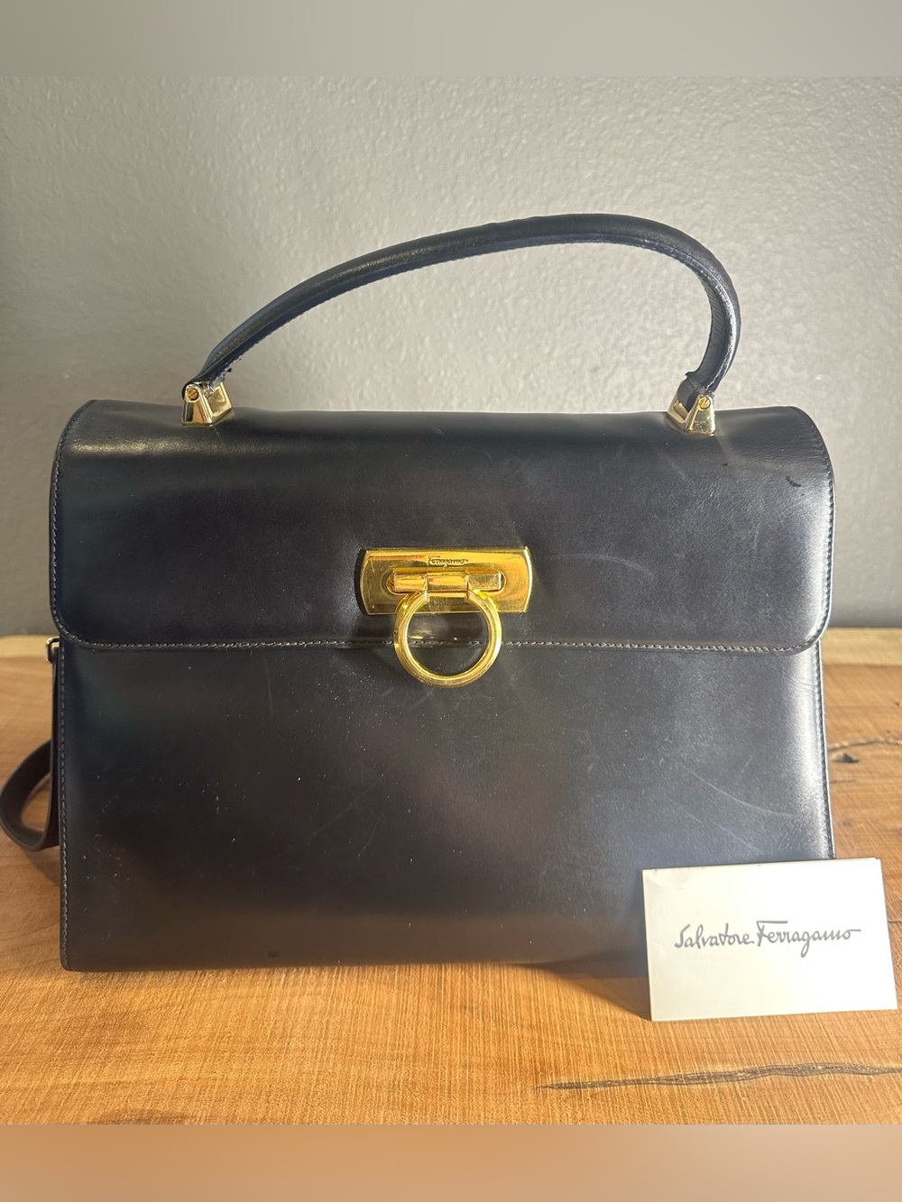 Vintage Salvatore Ferragamo Gancini Black Leather Top Handle & Shoulder Bag